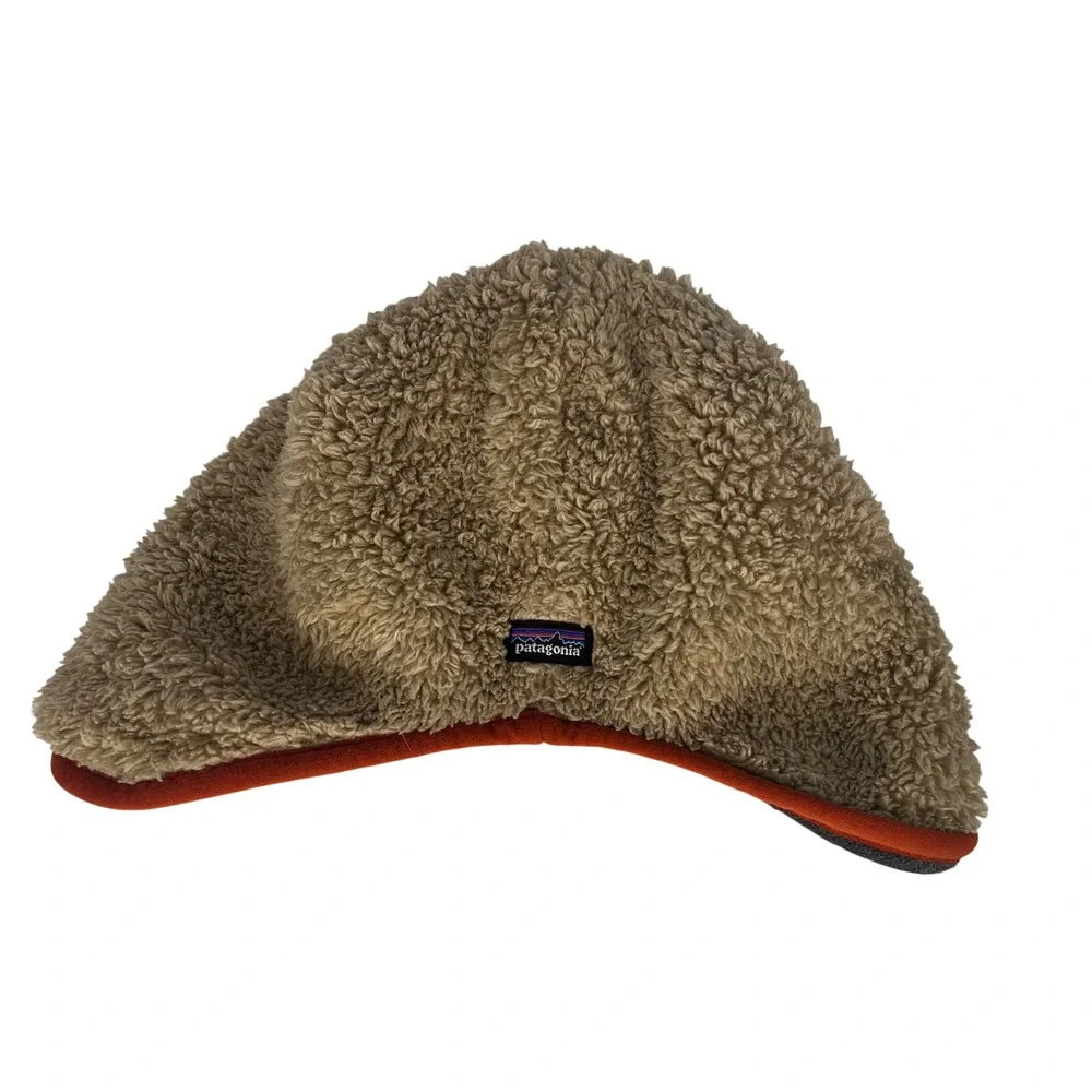 Patagonia Kids Fleece Lined Reversible Hat Hedgehog‎ Cloud Pattern Orange Trim